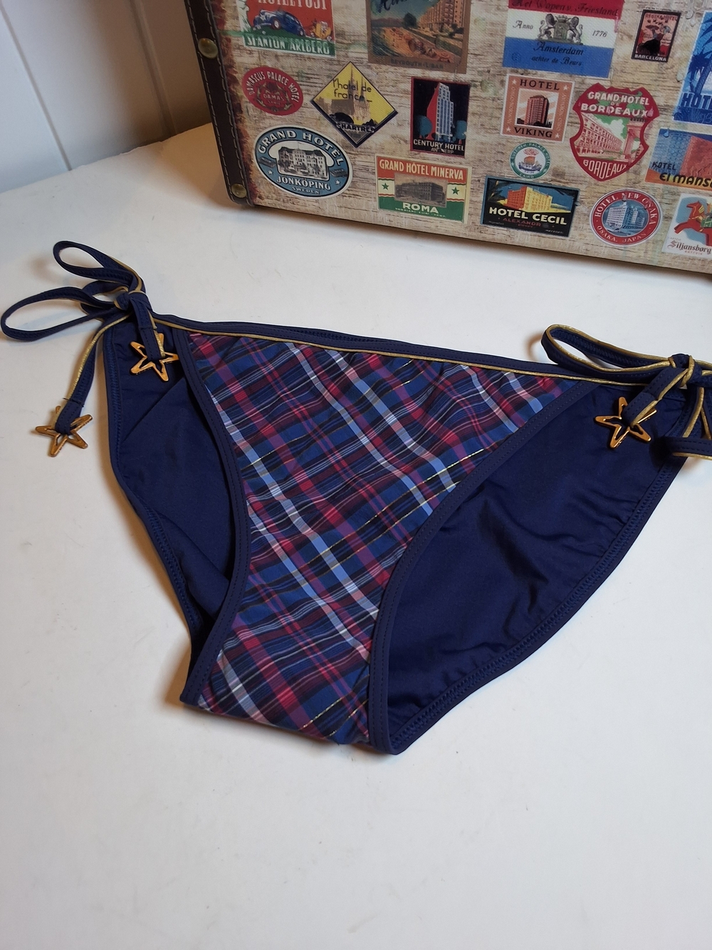 Marc Jacobs Navy Plaid Side-Tie Bikini Bottom with Gold Star Accents